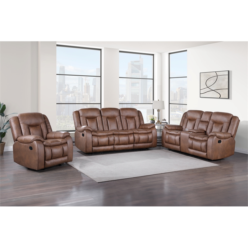New Classic Furniture Morello 3 Pcs Fabric Manual Reclining Living Set in Brown