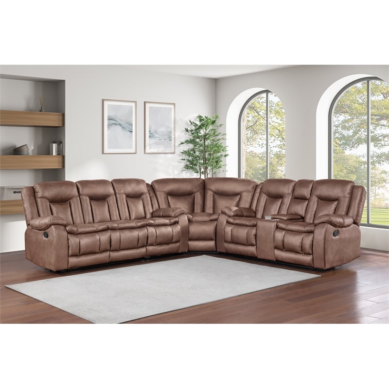 New Classic Furniture Morello 3-Piece Fabric Manual Reclining Sectional in Brown