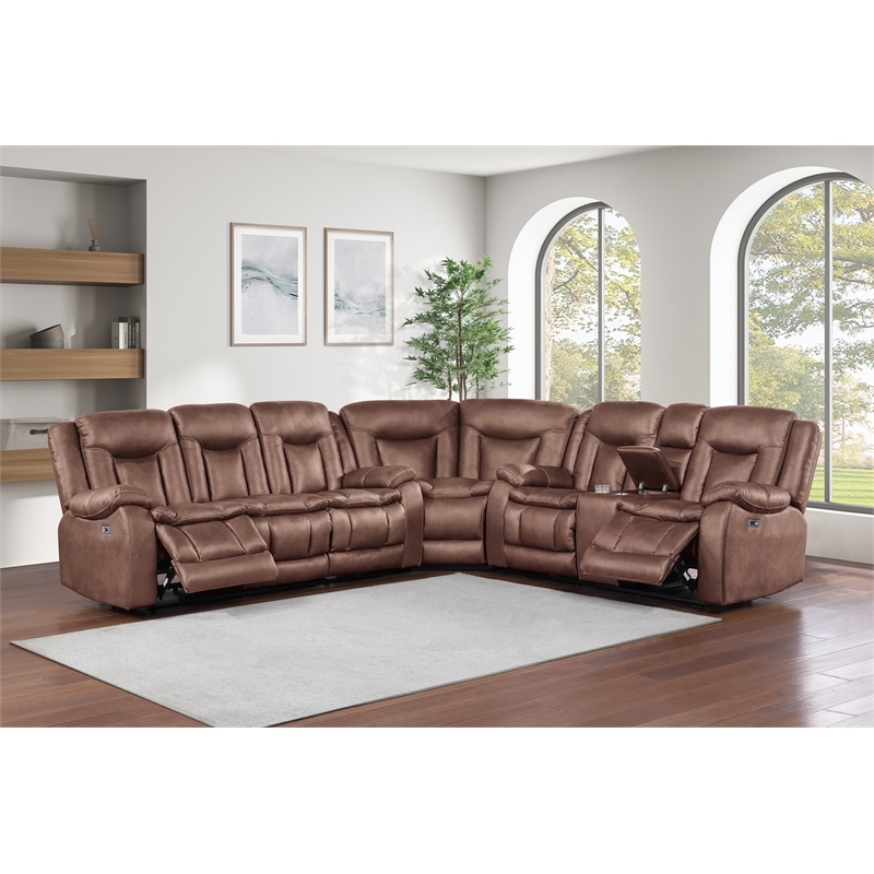 New Classic Furniture Morello 3-Piece Fabric Power Reclining Sectional in Brown