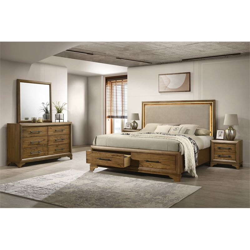 New Classic Furniture Talcott 5Pc Wood King Bedroom Set w 2 Ns in Honey/Brown