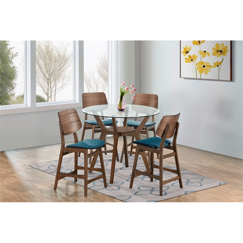 New Classic Furniture Oscar 5-Piece Wood Round Counter Table Set in Walnut/Teal