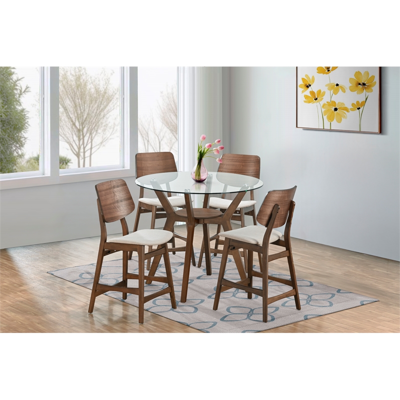 New Classic Furniture Oscar 5-Piece Wood Round Counter Table Set in Walnut/Beige
