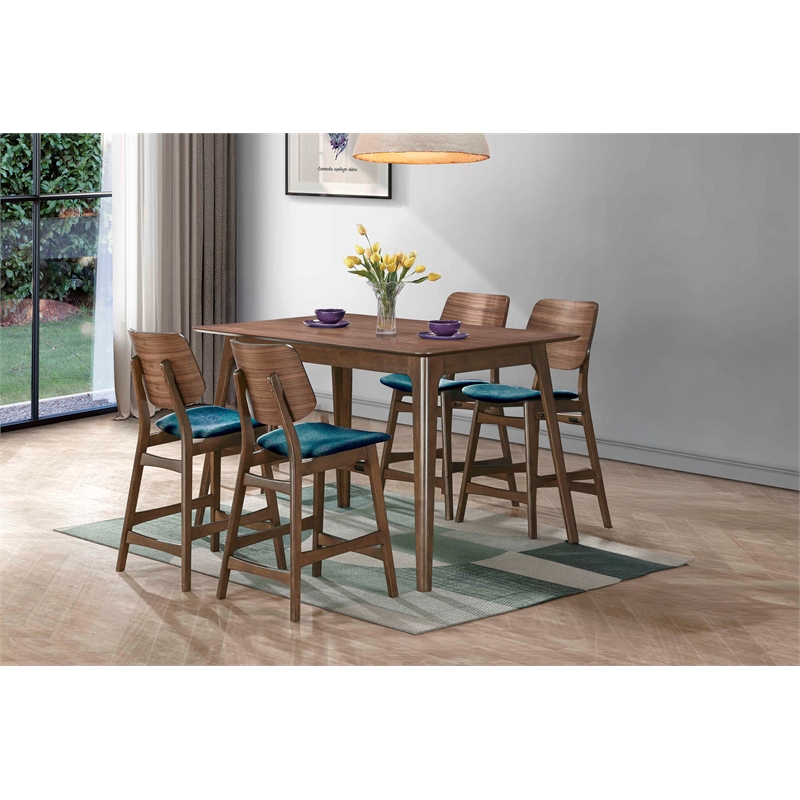 New Classic Furniture Oscar 5-Piece Wood Counter Table Set in Walnut/Teal