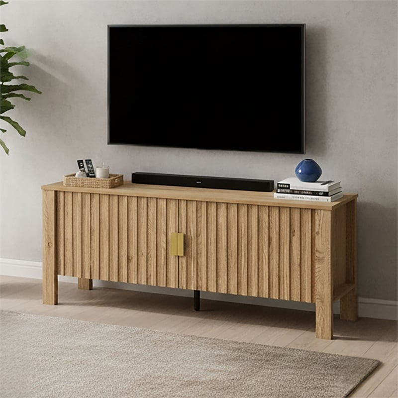 New Classic Furniture Thayer Wood TV Console with Two Doors in Natural/Beige