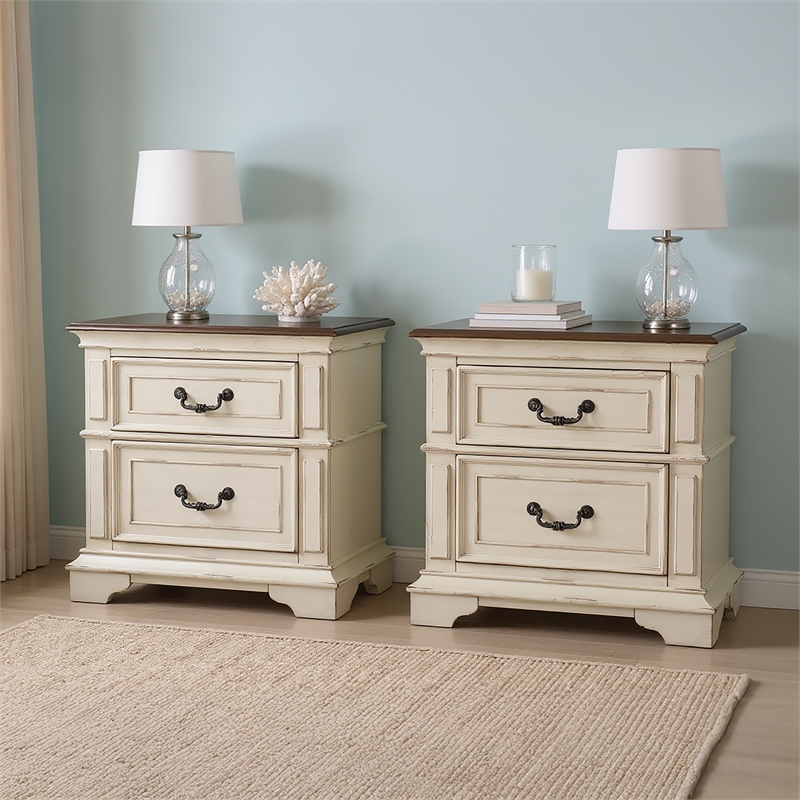New Classic Furniture Anastasia Wood Nightstand in Ant. White (Set of 2)