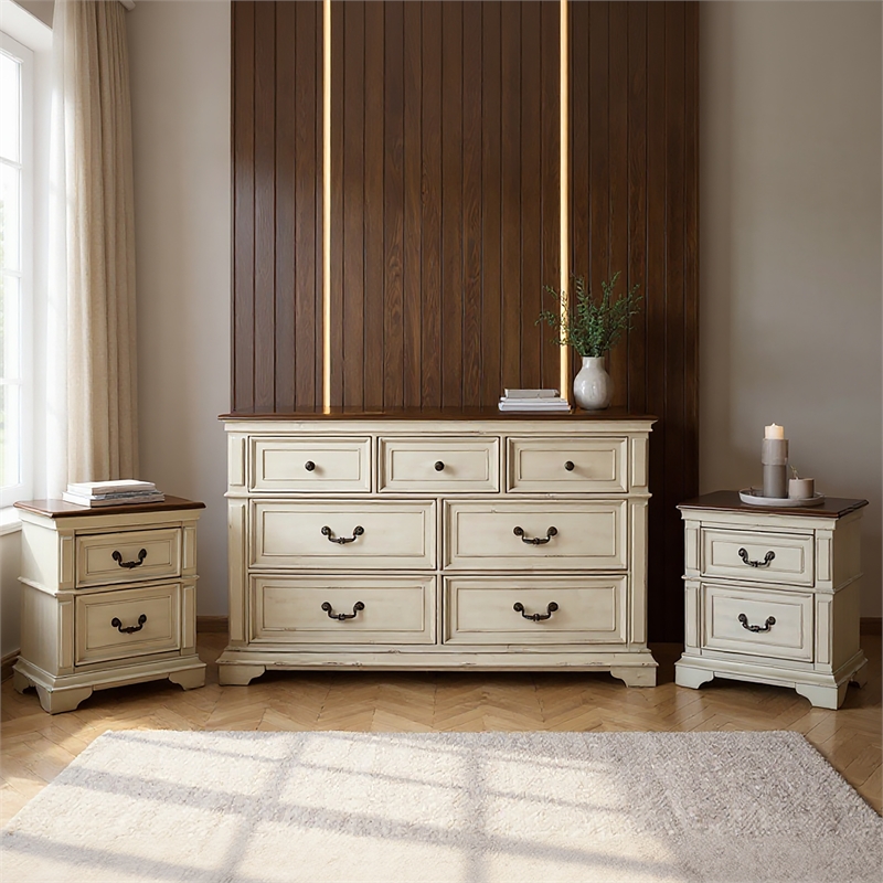 New Classic Furniture Anastasia 3-Pc Wood Bedroom Set with Dresser in Ant. White