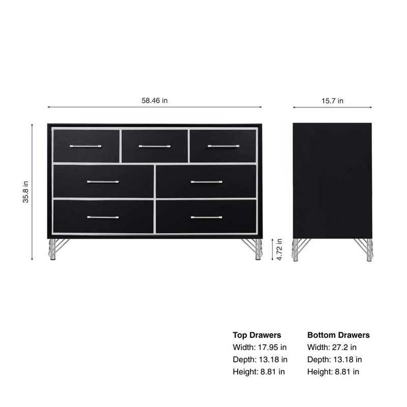 New Classic Furniture Ava Wood 7 Metal Glide Drawers Dresser in Ebony Black