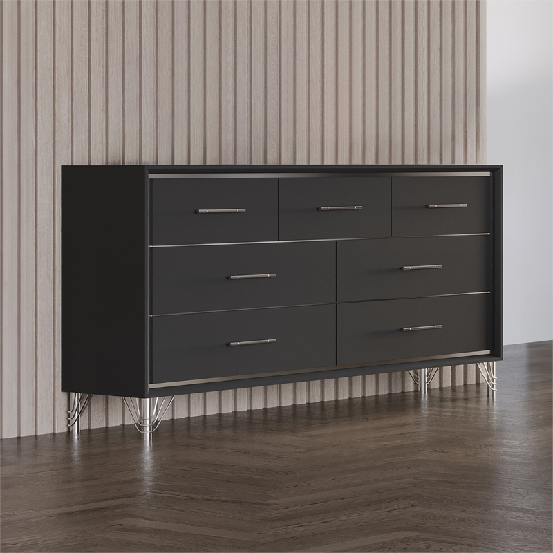 New Classic Furniture Ava Wood 7 Metal Glide Drawers Dresser in Ebony Black