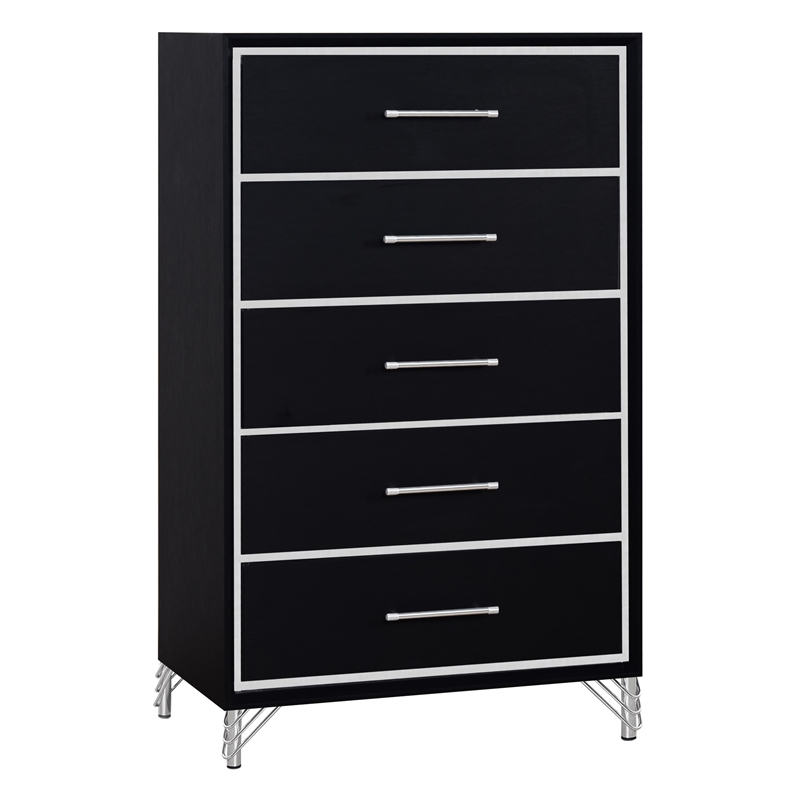 New Classic Furniture Ava Wood 5 Metal Glide Drawers Chest in Ebony Black