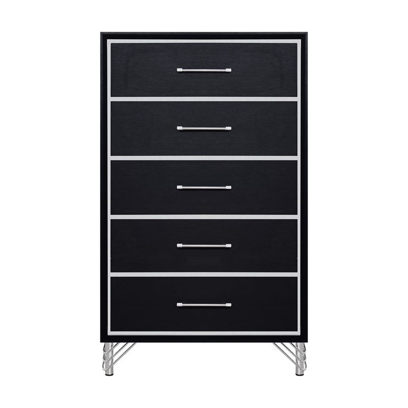New Classic Furniture Ava Wood 5 Metal Glide Drawers Chest in Ebony Black