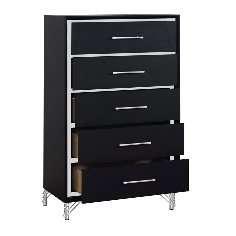 New Classic Furniture Ava Wood 5 Metal Glide Drawers Chest in Ebony Black