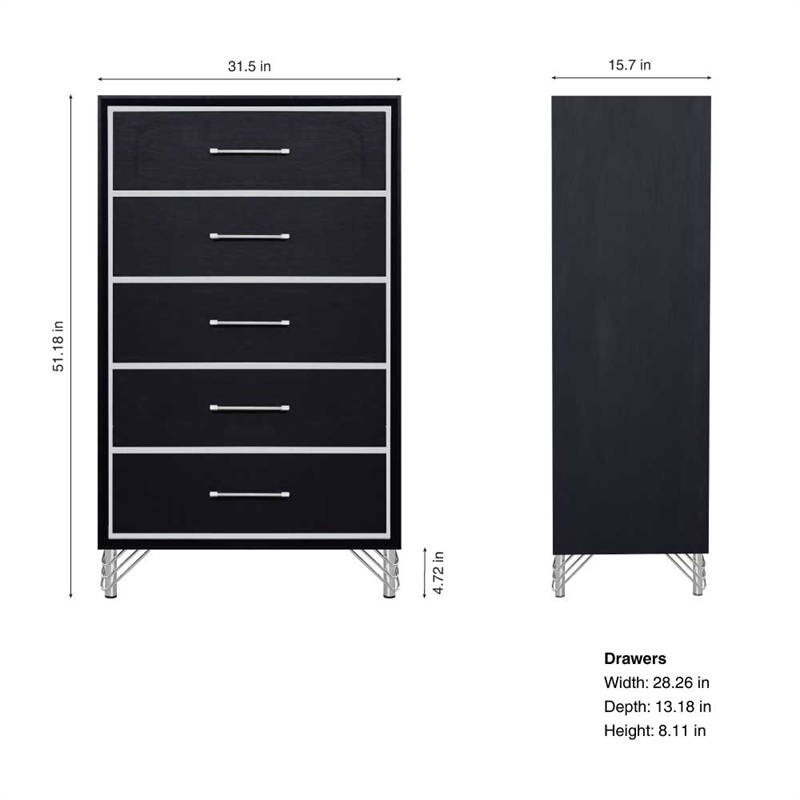 New Classic Furniture Ava Wood 5 Metal Glide Drawers Chest in Ebony Black