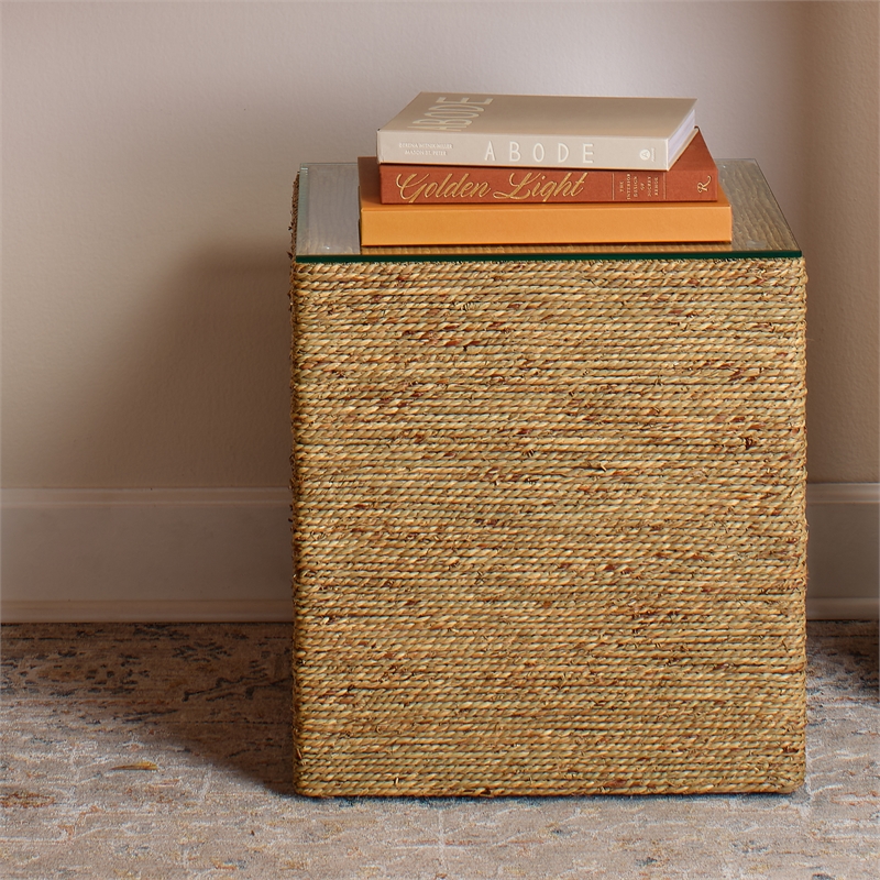 Jamie Young Co Captain Handwoven Coastal Rattan & Glass Side Table in Natural