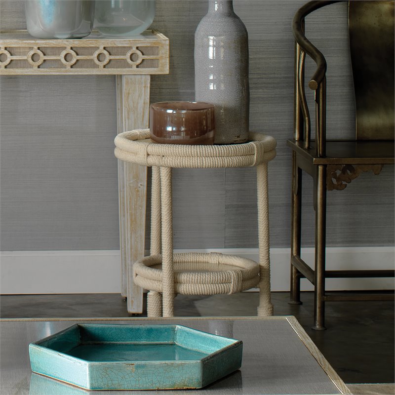J&D Designs Co Delta Lower Shelf Coastal Cotton & Glass Side Table in Off White