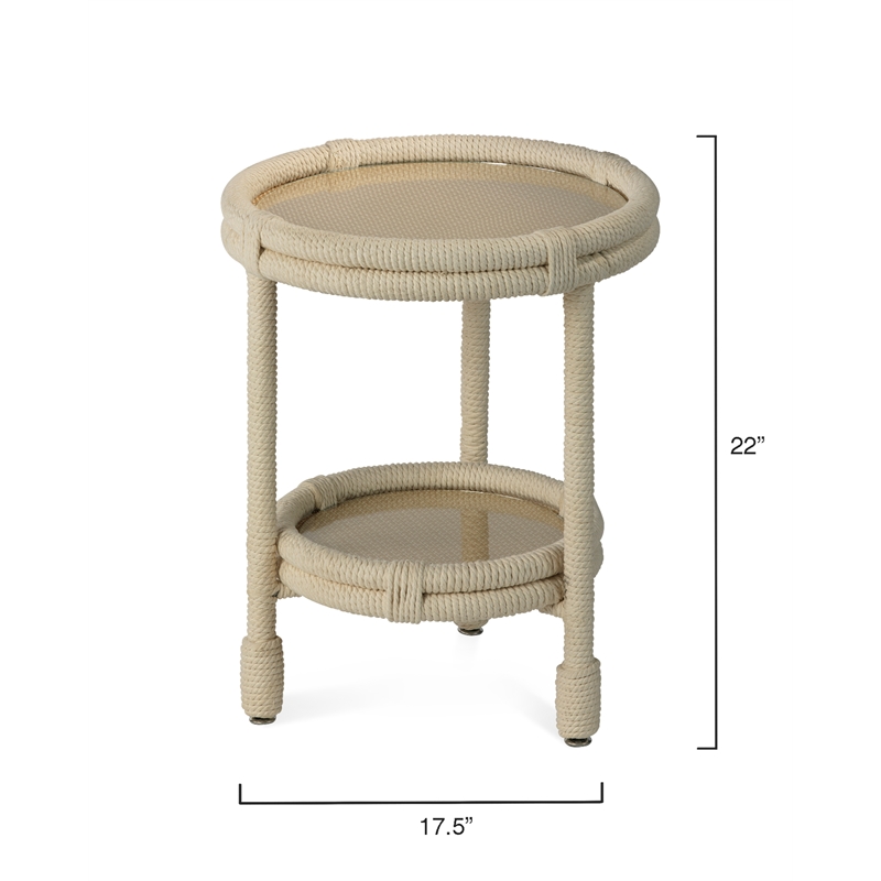 J&D Designs Co Delta Lower Shelf Coastal Cotton & Glass Side Table in Off White