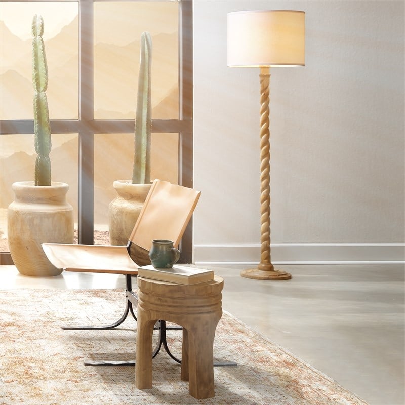 J&D Designs Co Barley Wood & Linen Floor Lamp with Drum Shade in Brown/White