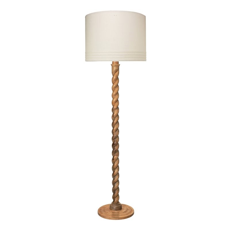 J&D Designs Co Barley Wood & Linen Floor Lamp with Drum Shade in Brown/White