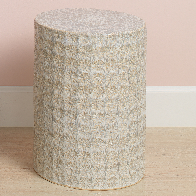 J&D Designs Co Wildflower Coastal Ceramic Side Table in Cream/Gray