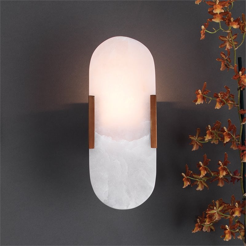 J&D Designs Co Delphi Modern Alabaster Stone/Steel Wall Sconce in Antique Brass