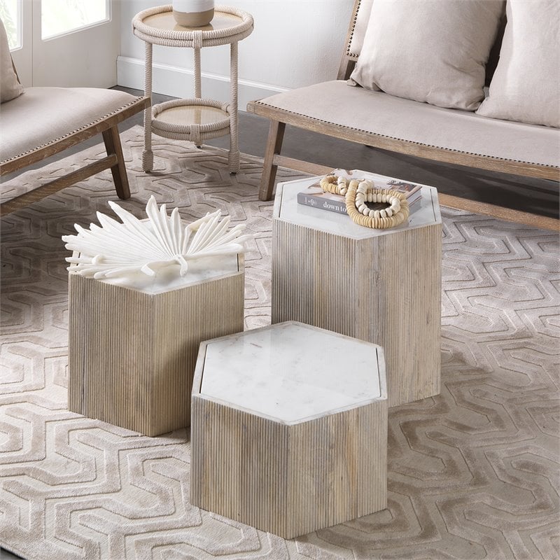 Jamie Young Co Argan Hexagon Wood & Marble Small Table in Natural/White