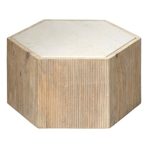 J&D Designs Co Argan Hexagon Wood & Marble Small Table in Natural/White