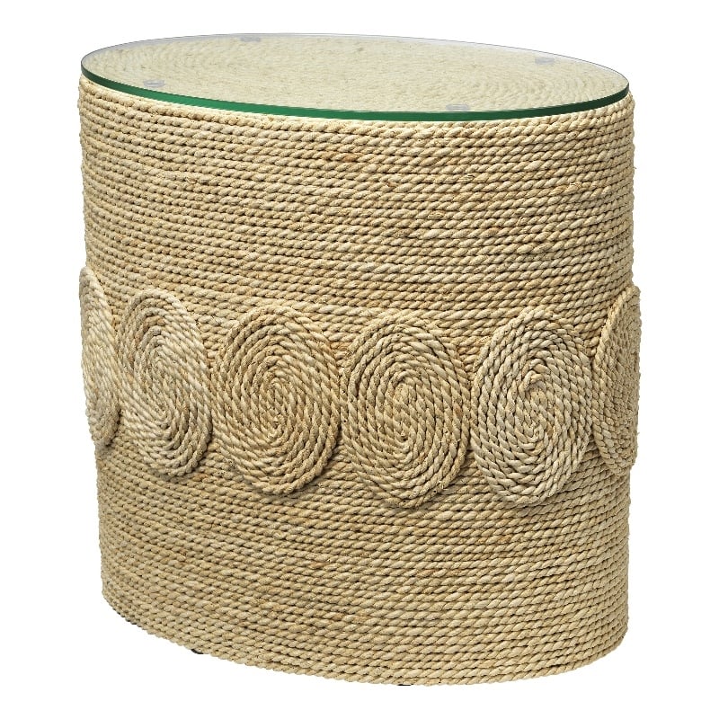 J&D Designs Co Barbados Oval Coastal Rattan & Glass Side Table in Natural