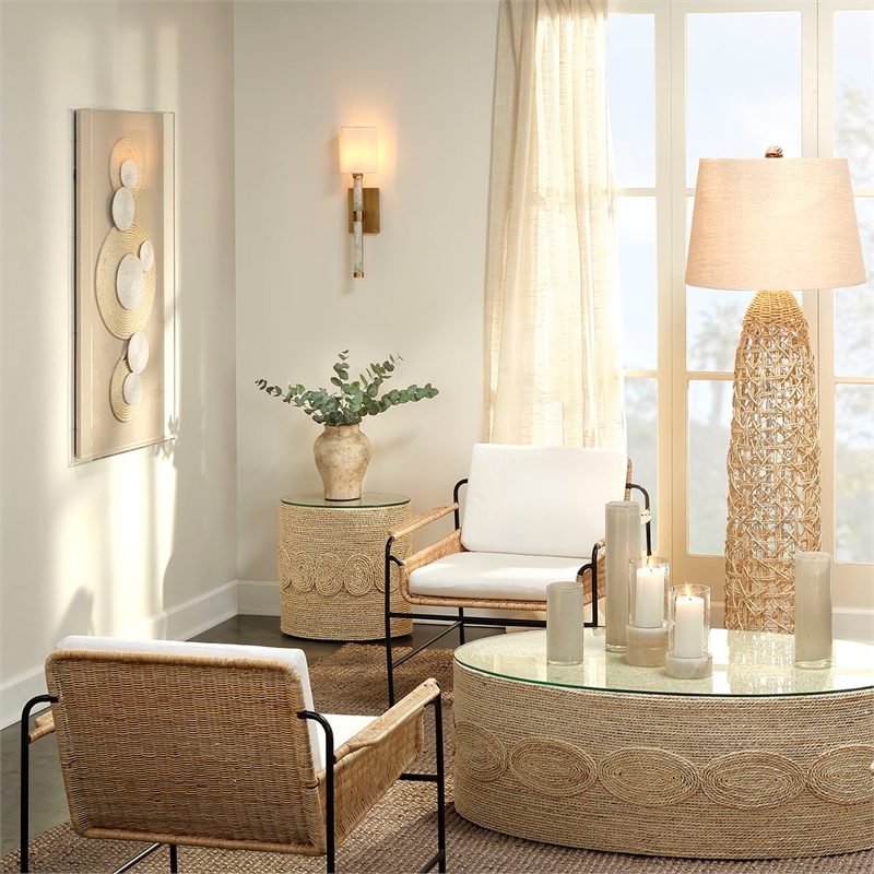 J&D Designs Co Barbados Oval Coastal Rattan & Glass Side Table in Natural