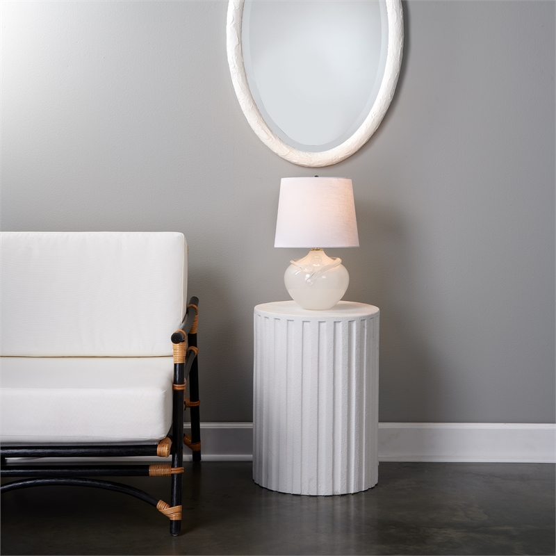 J&D Designs Co Fluted Circular Transitional Stone Side Table in Antique White