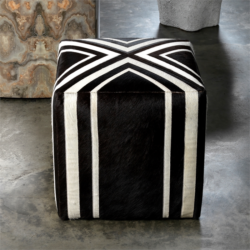 J&D Designs Co Nantucket Upholstered Transitional Leather Ottoman in Brown/White