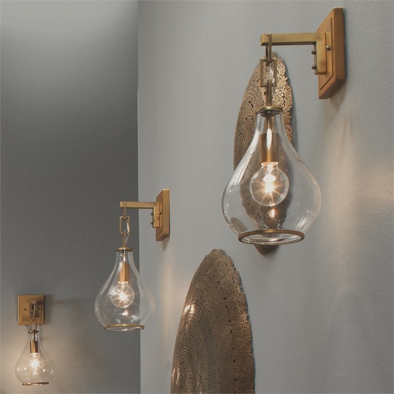 J&D Designs Co Tear Drop Hanging Iron Metal/Glass Wall Sconce in Antique Brass