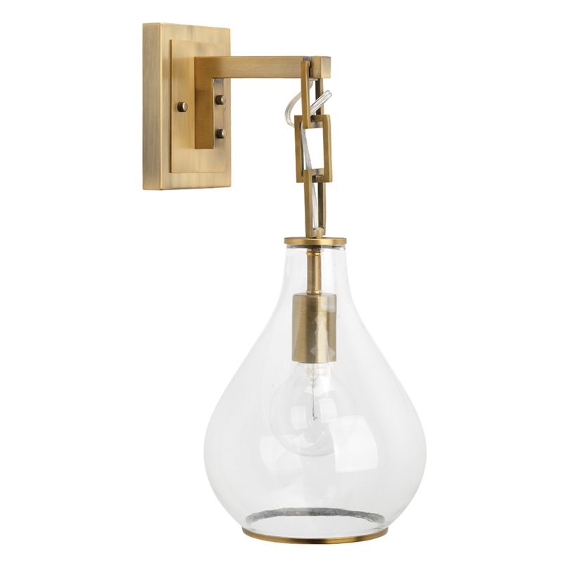 J&D Designs Co Tear Drop Hanging Iron Metal/Glass Wall Sconce in Antique Brass