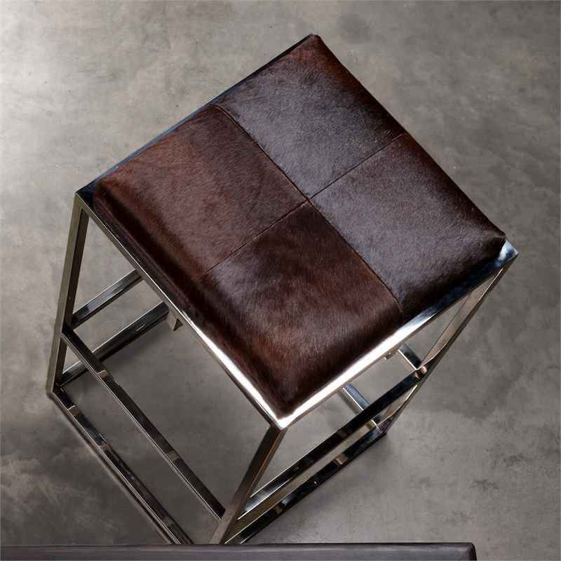 J&D Designs Co Shelby Stainless Steel/Hide Counter Stool in Nickel/Espresso