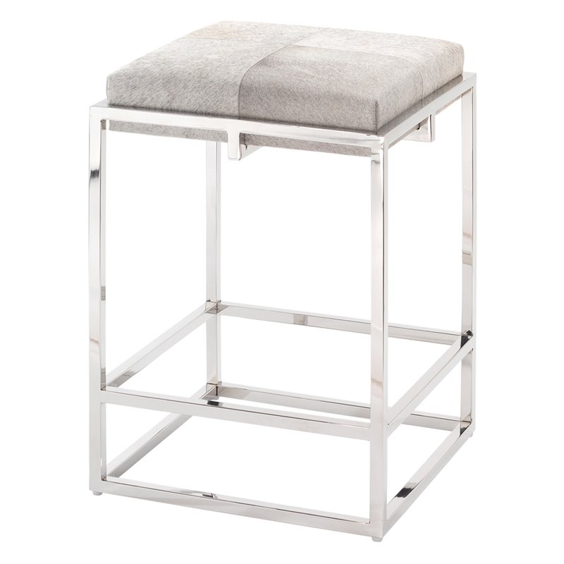 J&D Designs Co Shelby Modern Stainless Steel/Hide Counter Stool in Nickel/Gray