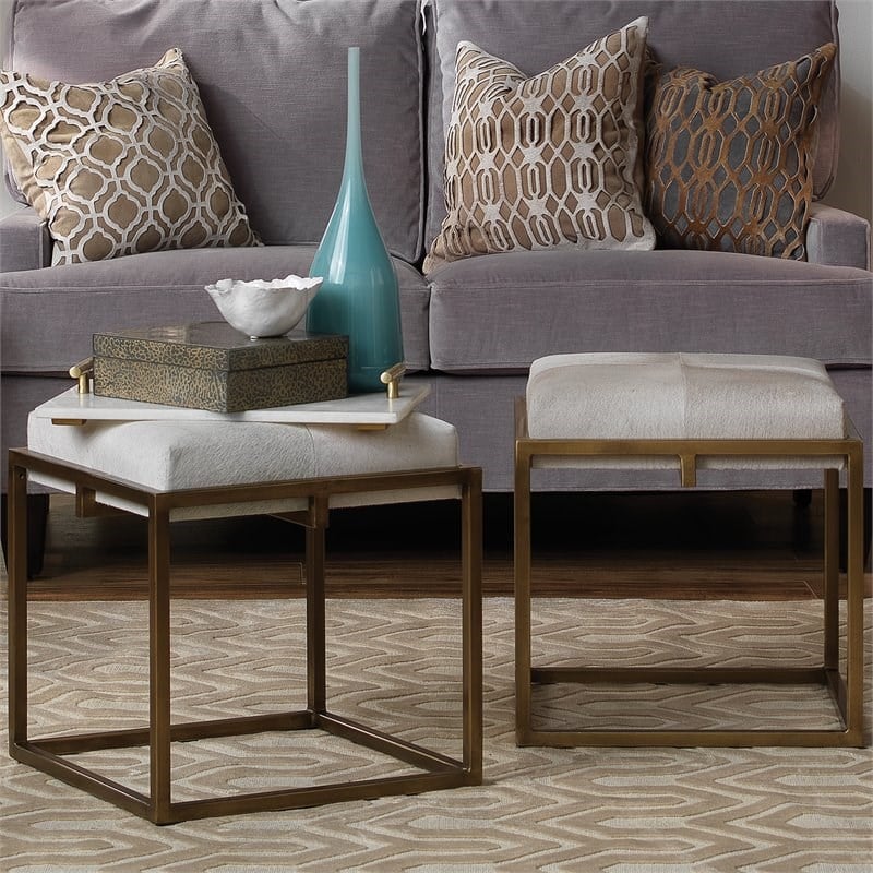 J&D Designs Co Shelby Traditional Metal/Leather Hide Stool in Nickel/White