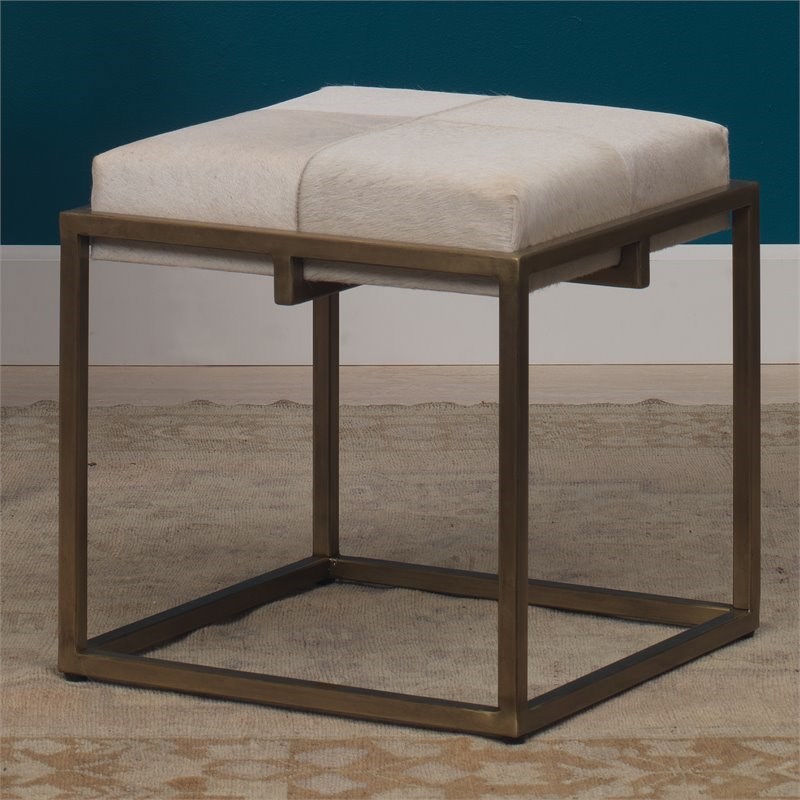 J&D Designs Co Shelby Traditional Metal/Leather Hide Stool in Nickel/White