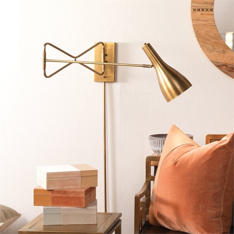 J&D Designs Co Lenz Swing Arm Steel Metal Wall Sconce in Antique Brass