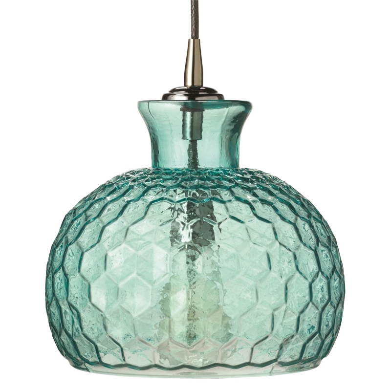 J&D Designs Co Clark Coastal Glass Pendant with Silver Cloth Cord in Aqua Blue