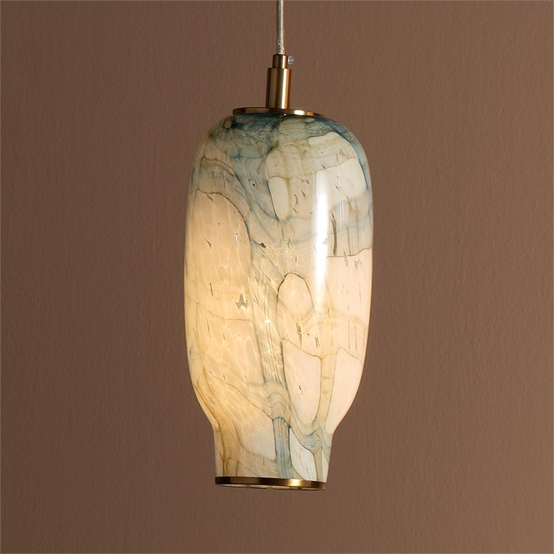 J&D Designs Co Helen Large Coastal Glass Pendant in Pale Blue/Antique Brass