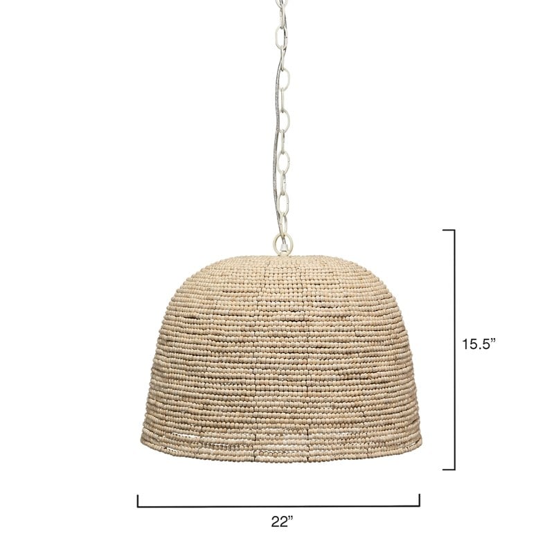 J&D Designs Co High Tide Coastal Iron Mango Wood Pendant in Off White Beads