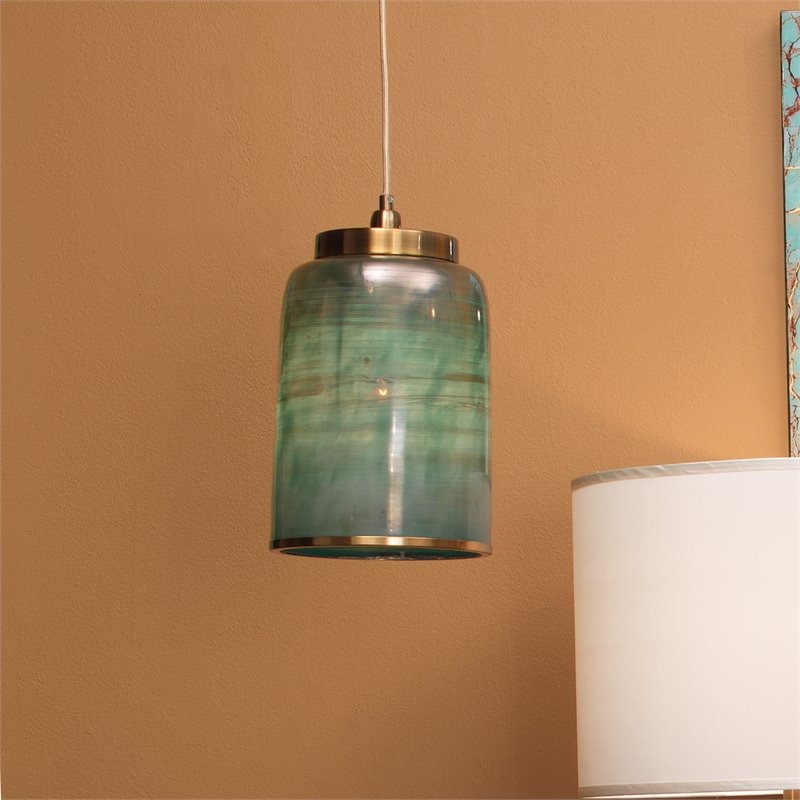 J&D Designs Co Vapor Medium Contemporary Glass Pendant in Aqua Blue/Brass