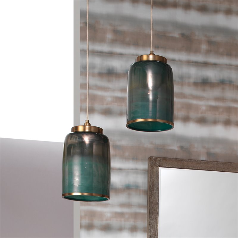 J&D Designs Co Vapor Medium Contemporary Glass Pendant in Aqua Blue/Brass