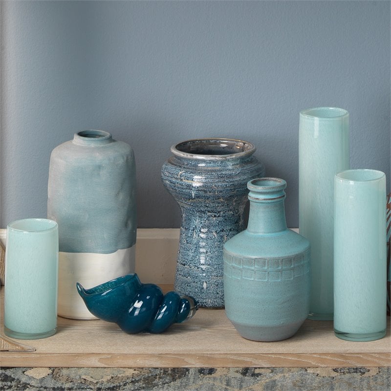 J&D Designs Co Gwendolyn Coastal Glass Hand Blown Vases in Blue (Set of 3)