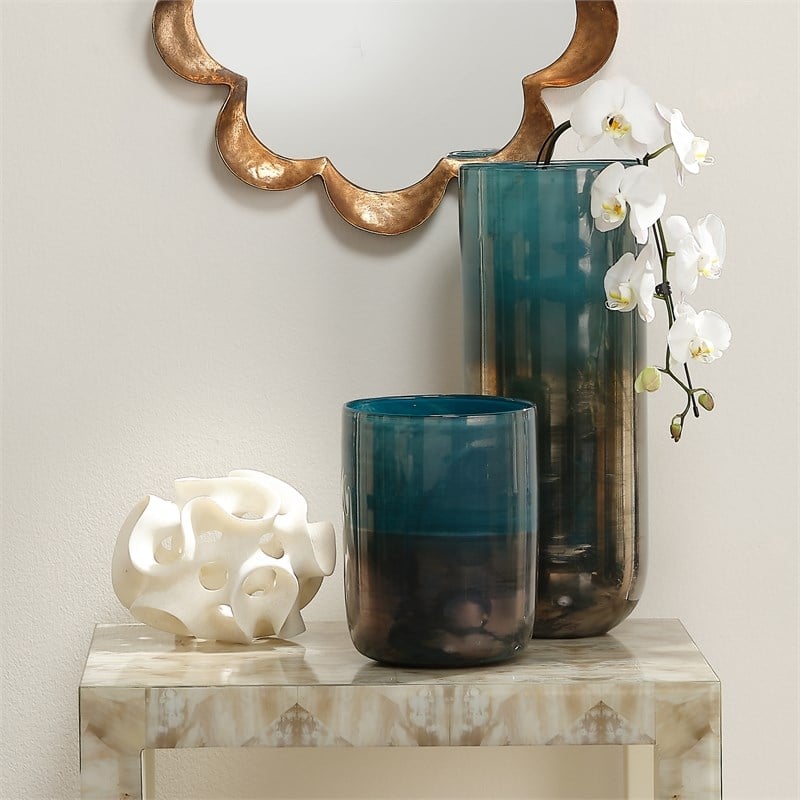 J&D Designs Co Large Contemporary Glass Vapor Vase in Metallic Aqua Blue