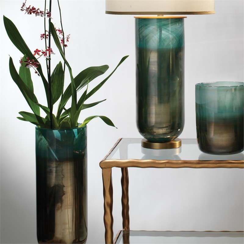 J&D Designs Co Large Contemporary Glass Vapor Vase in Metallic Aqua Blue