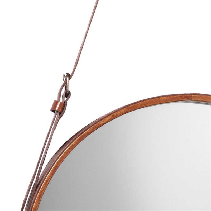J&D Designs Co Large Round Traditional Glass and Leather Mirror in Brown