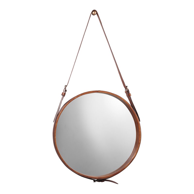 J&D Designs Co Large Round Traditional Glass and Leather Mirror in Brown