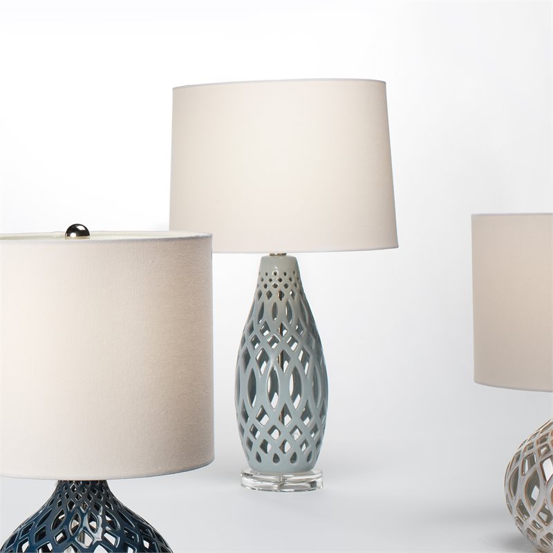 J&D Designs Filigree Ceramic Table Lamp with Linen Shade in Pale Blue