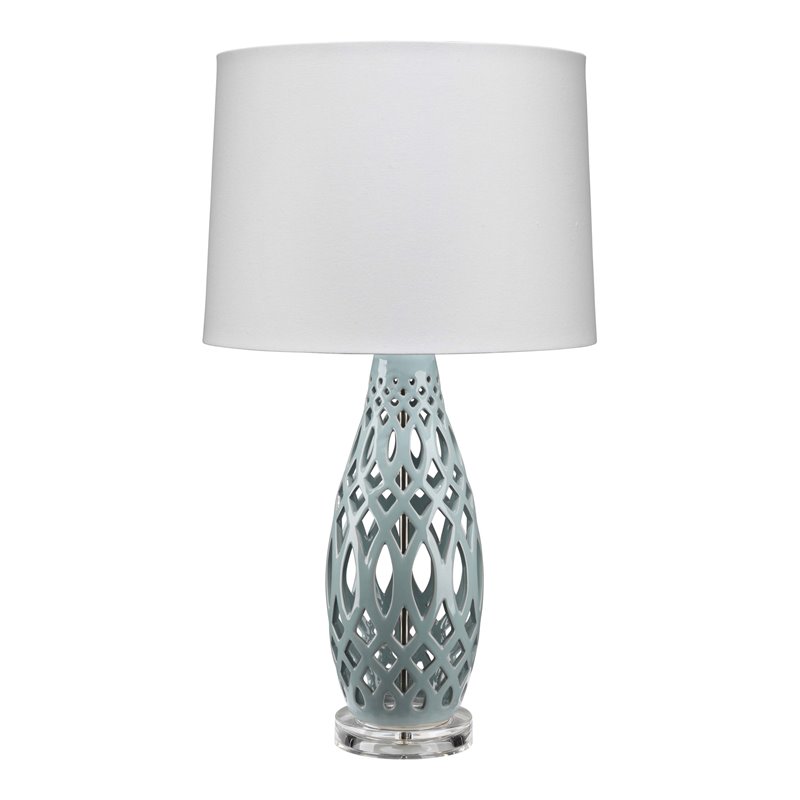 J&D Designs Filigree Ceramic Table Lamp with Linen Shade in Pale Blue