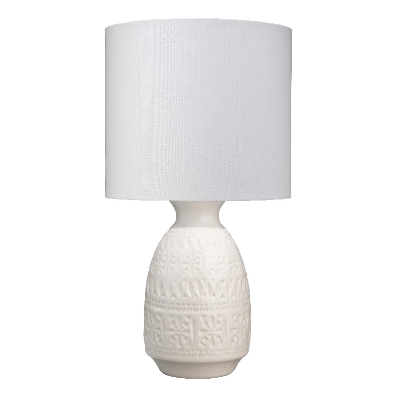 J&D Designs Frieze 1-Light Coastal Ceramic & Linen Table Lamp in White