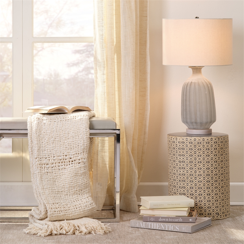 J&D Designs Transitional Glass Table Lamp with Linen Shade in Frosted Gray/Cream